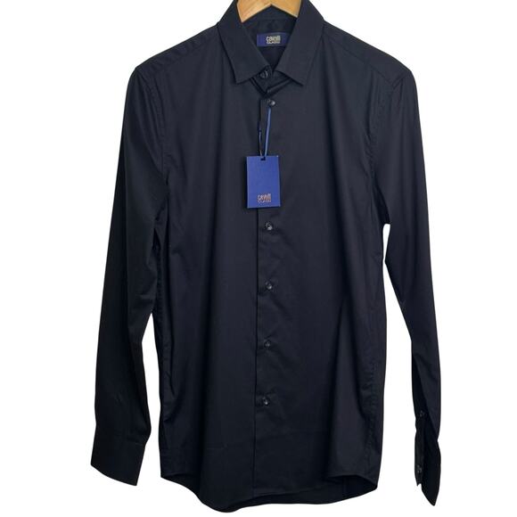 Roberto Cavalli Class Size 15.5 Black Long Sleeve Slim Fit Logo Dress Shirt - Picture 1 of 9